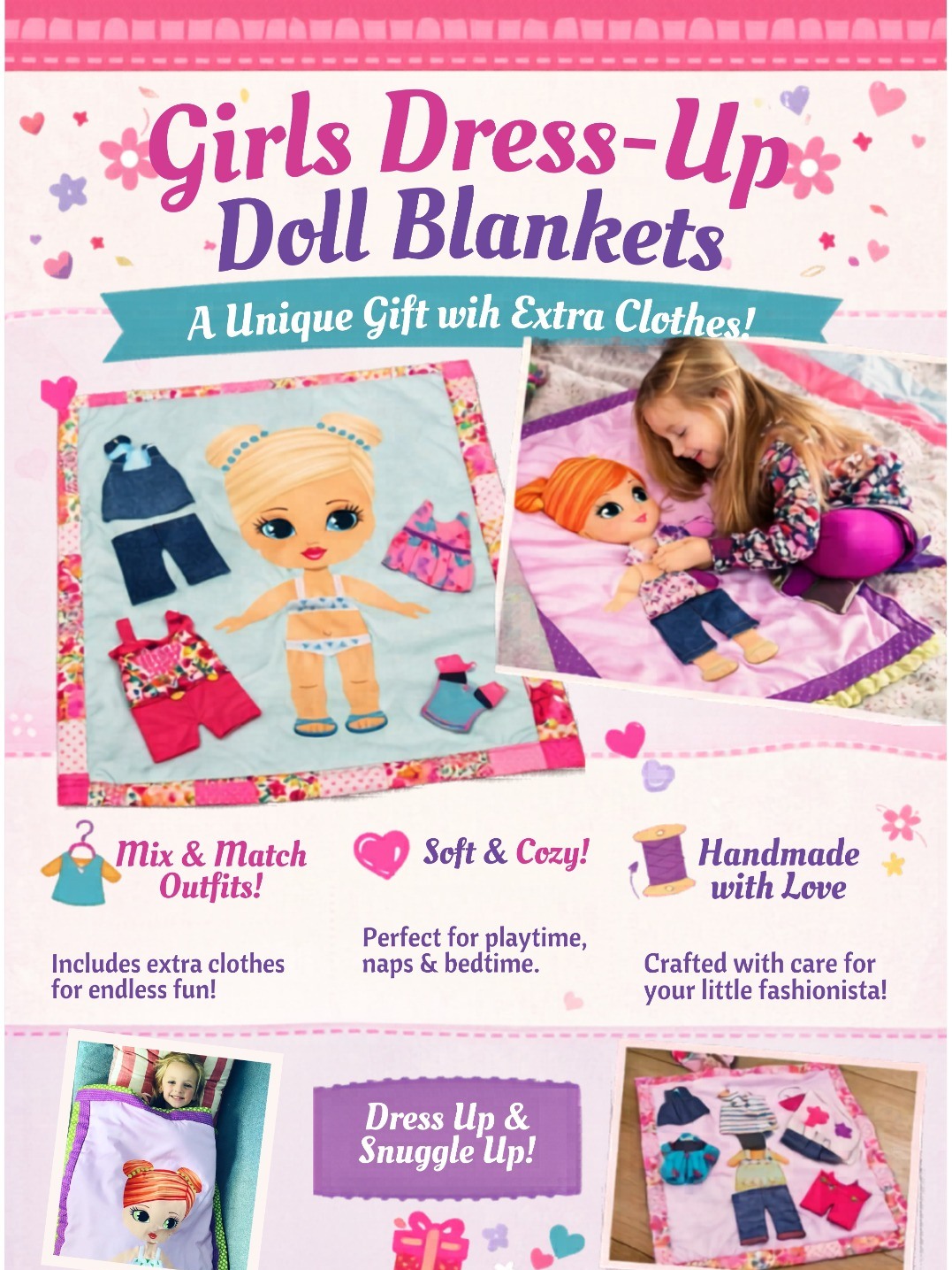 Girls dress-up doll blanket with extra clothing pieces