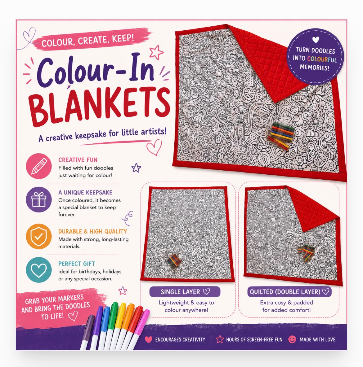 Colour-in blanket with doodle artwork and colouring markers